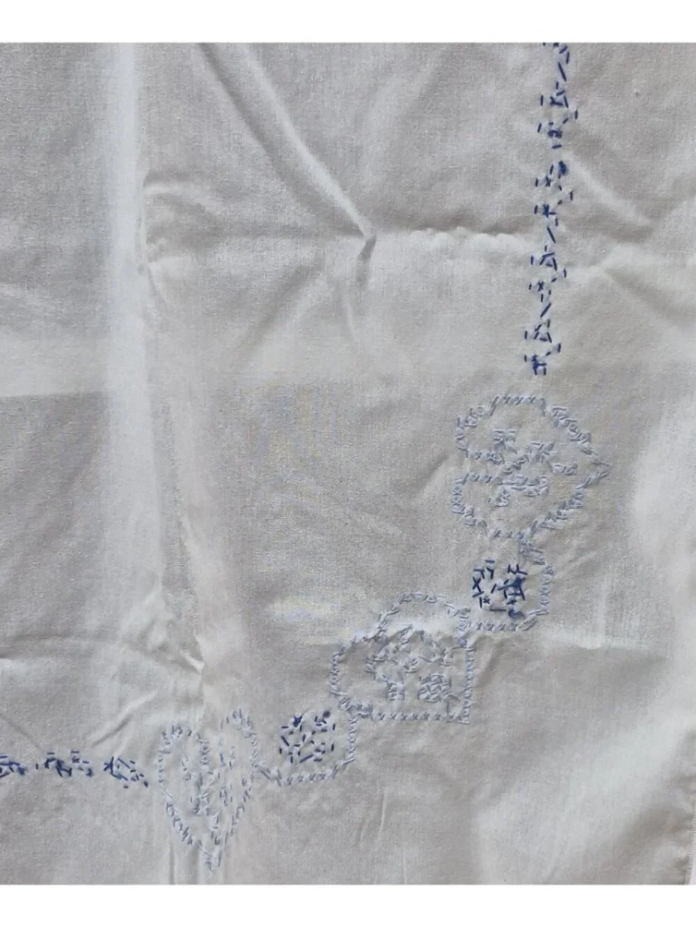 Vintage Hand Embroidered White Tablecloth Blue Cross-Stitch Heart Floral Cotton